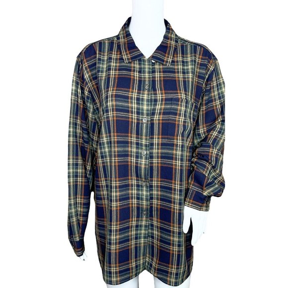 L.L. Bean Plaid MultiColor Long Sleeve Button Up Top Size Large - Picture 2 of 7